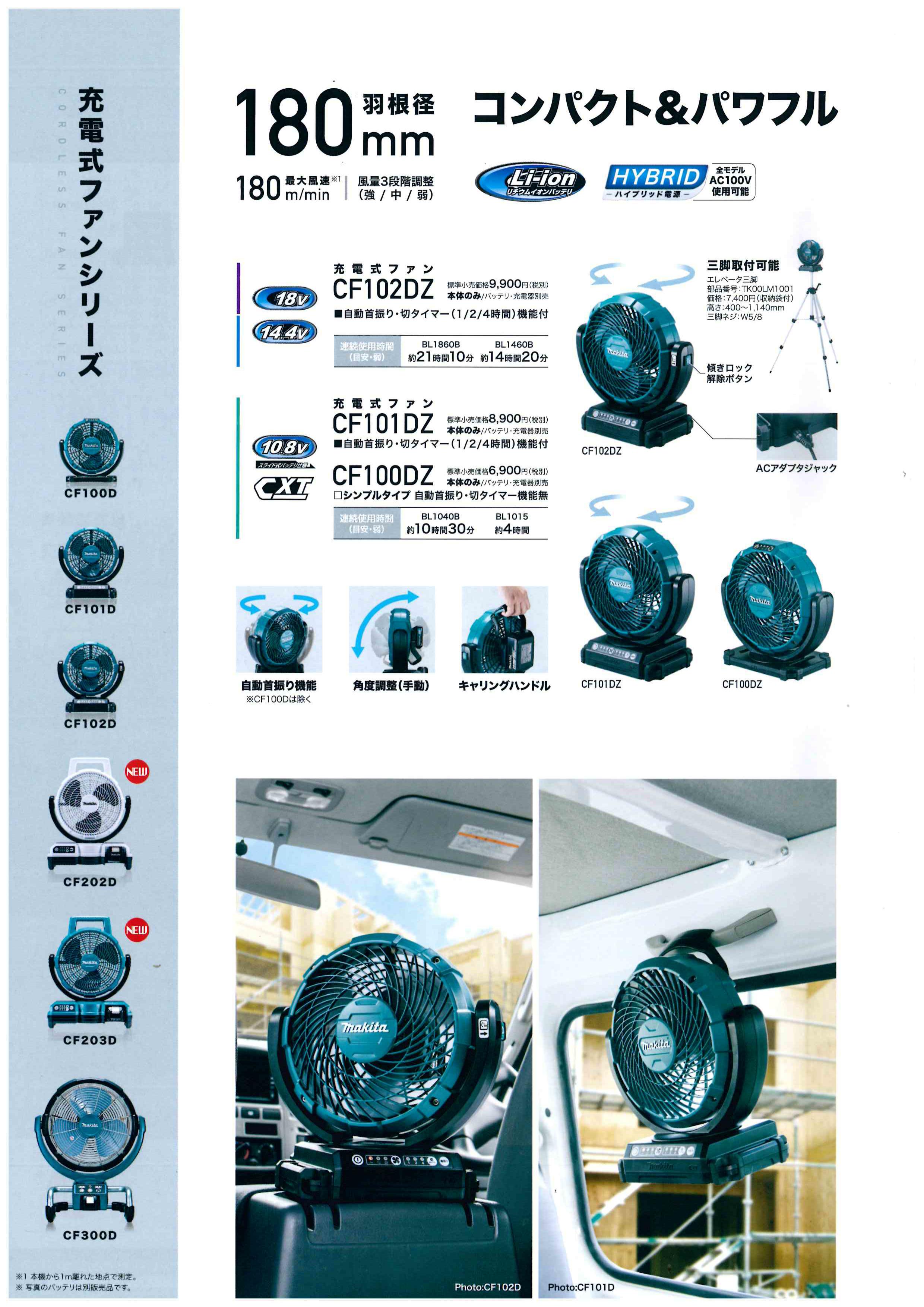 マキタ充電式ファンシリーズ 235mm＆首振り CF203DZ／W（14．4V／18V） CF202DZ／W（10．8V）新発売