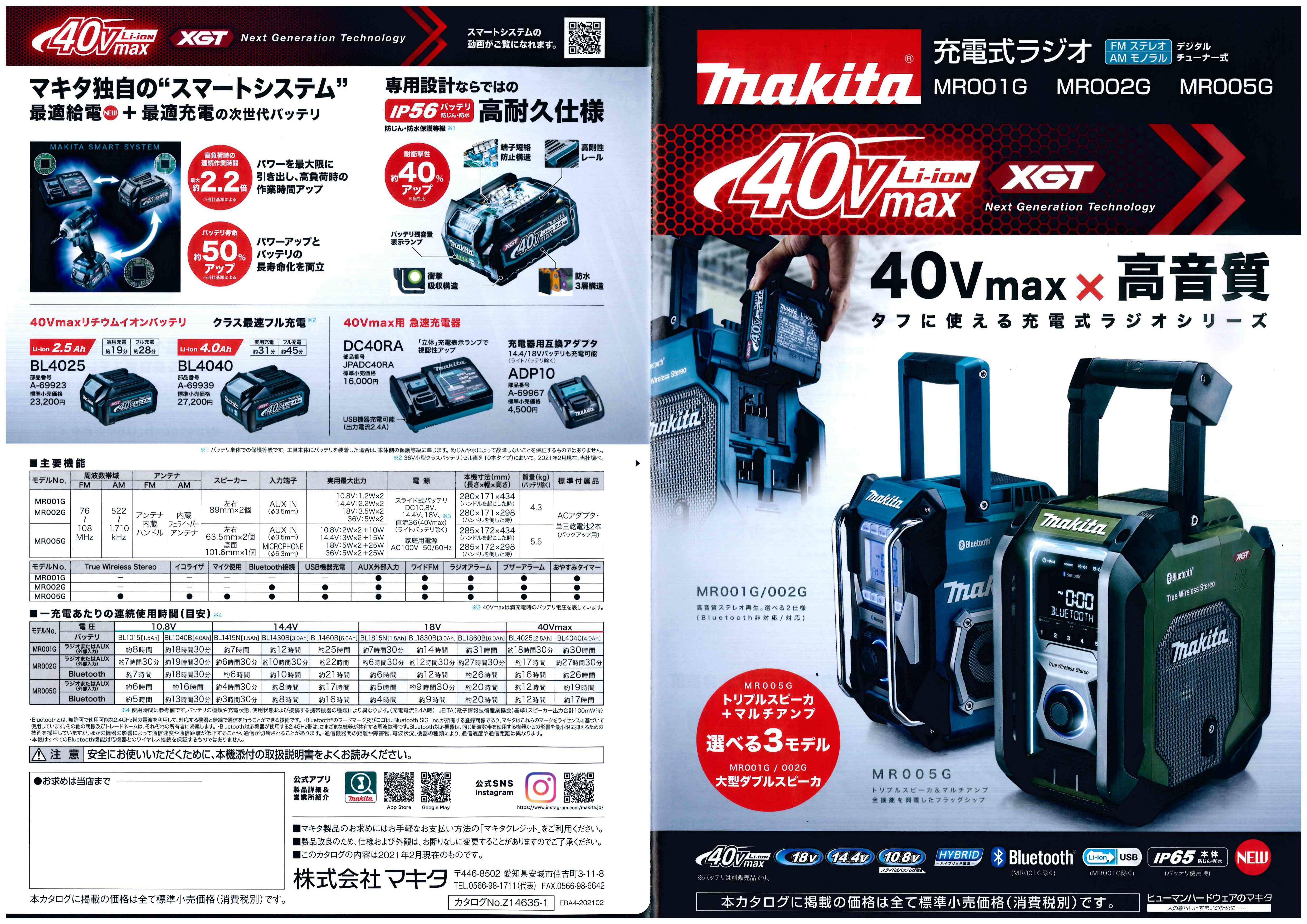 マキタ ４０Ｖバッテリー対応充電式ラジオ ＭＲ００１Ｇ／ＭＲ００２Ｇ