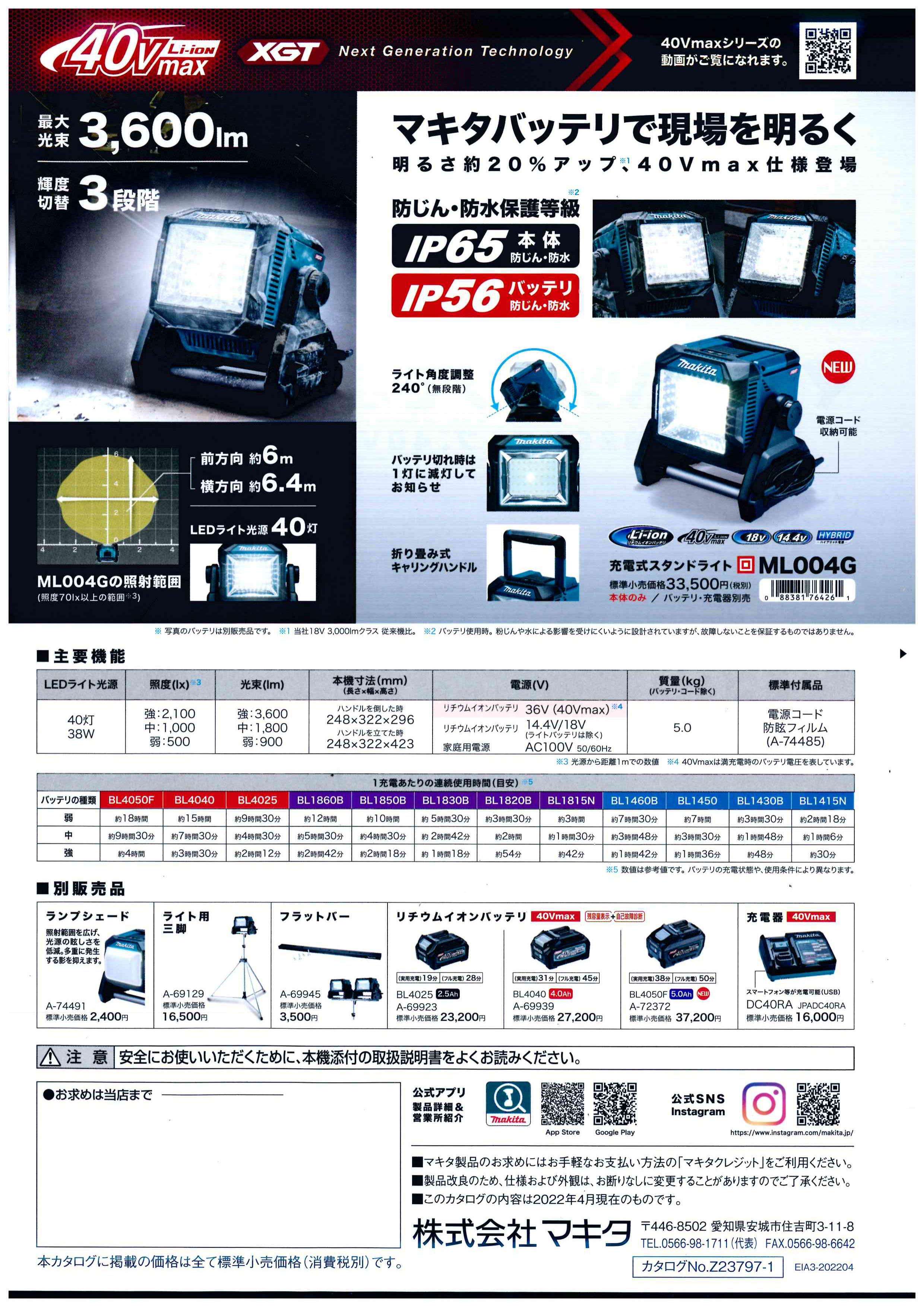 マキタ ４０Ｖ／１８Ｖ／１４．４Ｖマルチ電圧対応充電式スタンドライト ＭＬ００４Ｇ 新発売です！ | 株式会社マルエス